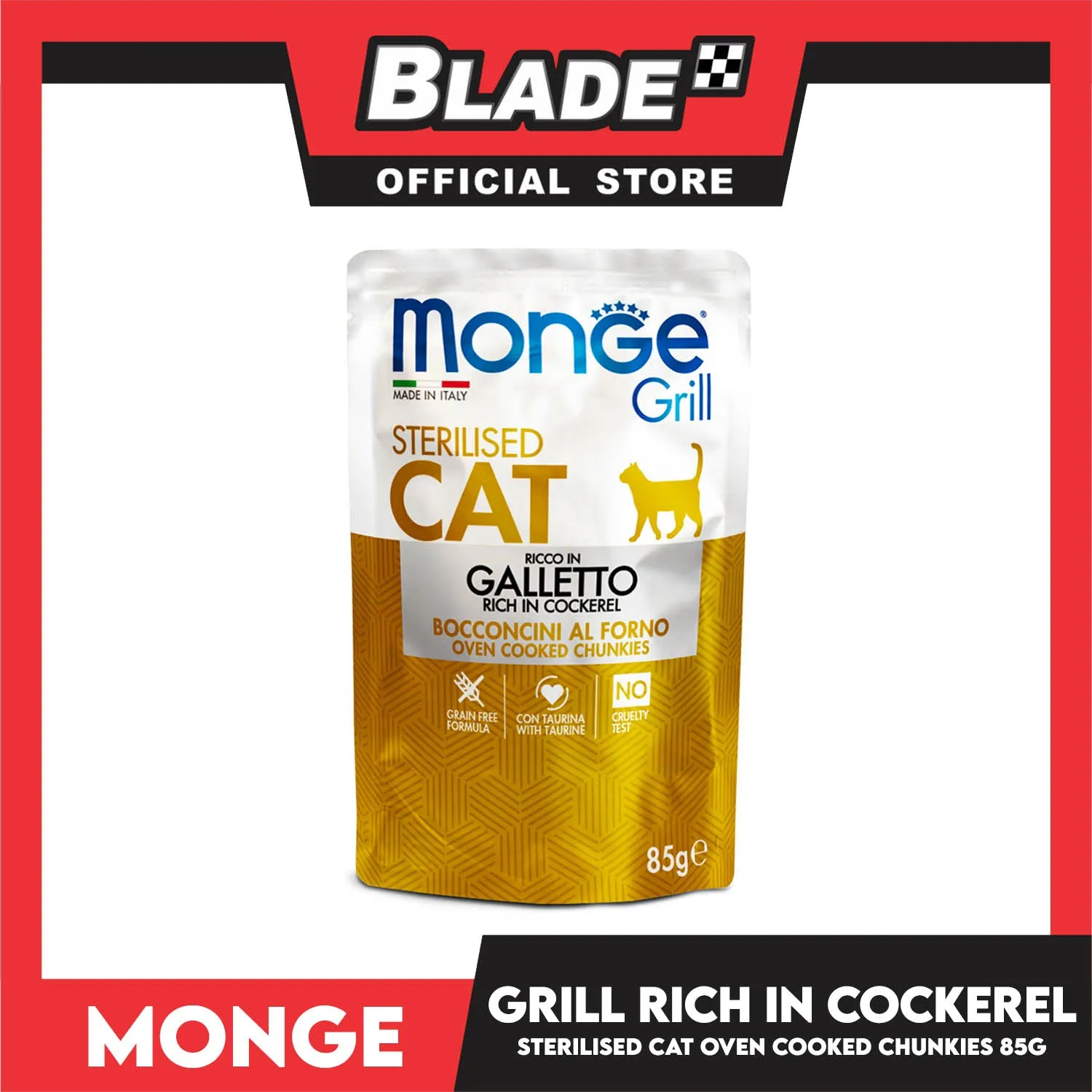 Monge Jelly Cat Pouch Grill For Sterilised Cats 85g (Galleto, Rich In Cockerel) Cat Wet Food, Cat Pouch Food