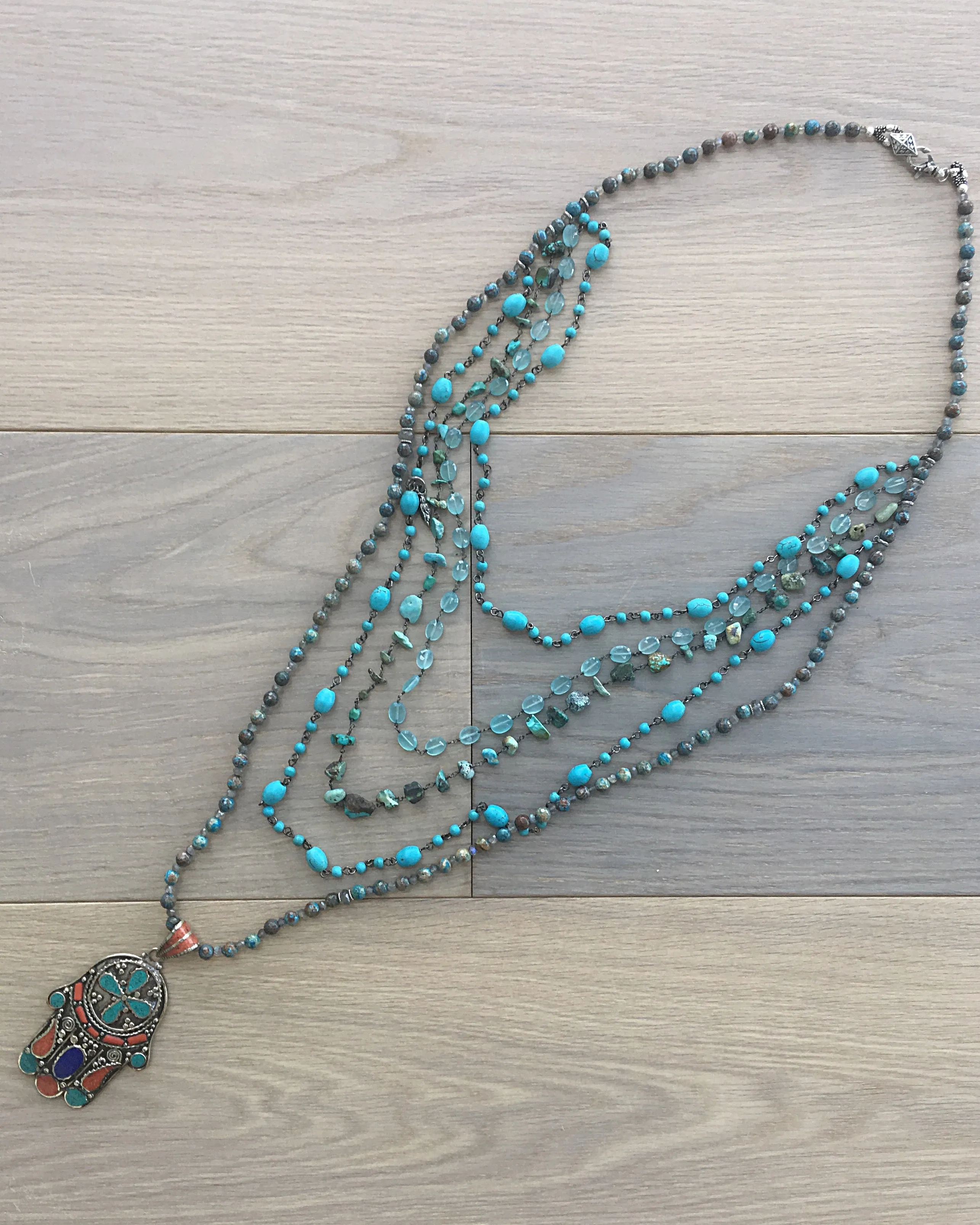 Multi Strand Turquoise Hamsa Necklace
