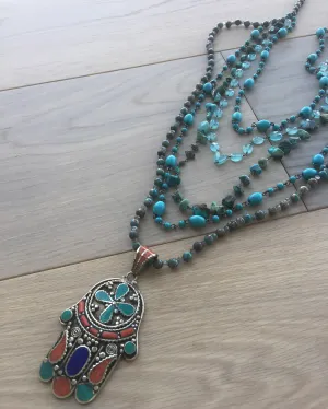 Multi Strand Turquoise Hamsa Necklace