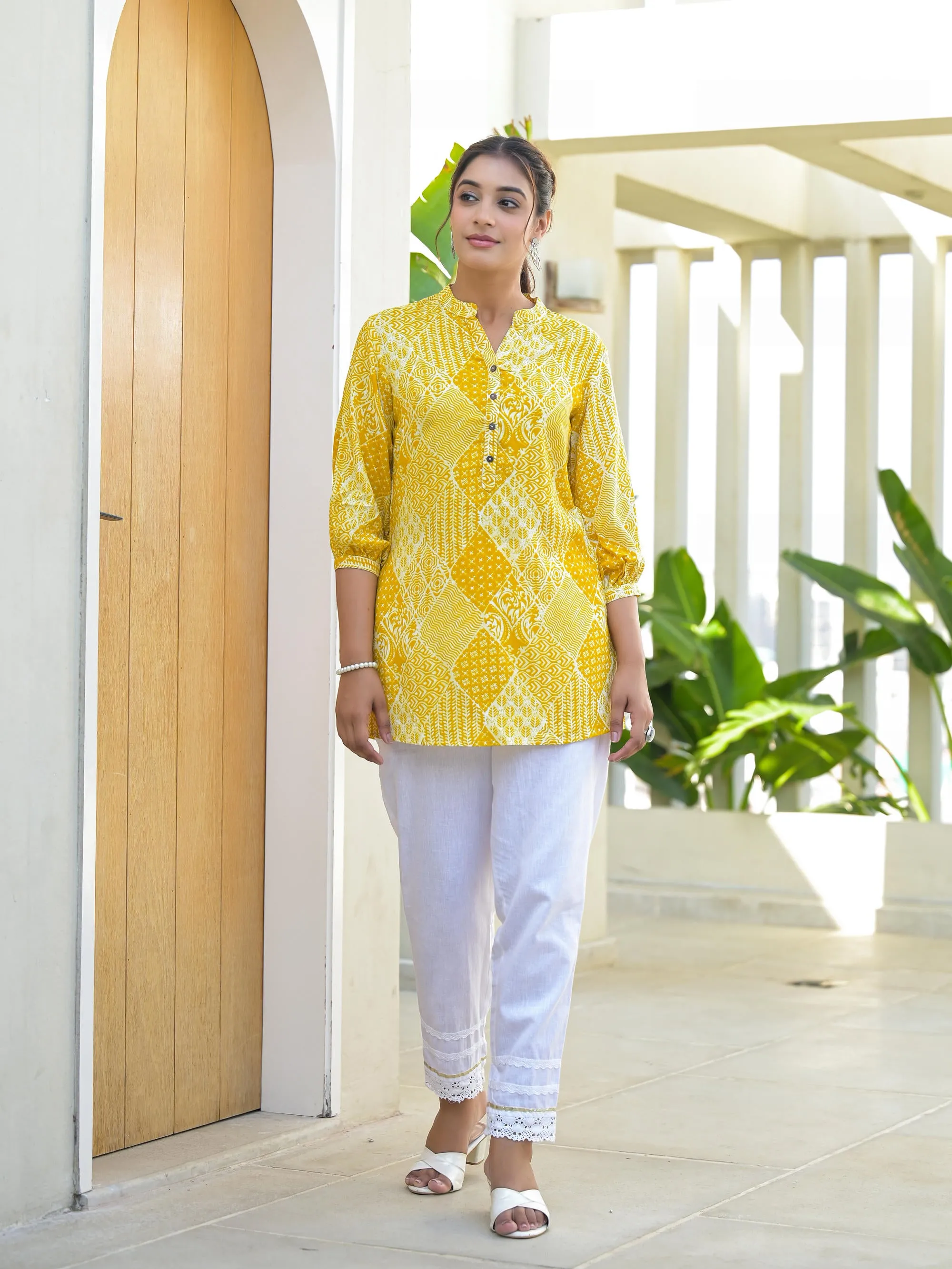 Mustard Ethnic Motif Printed Tunic With Button
