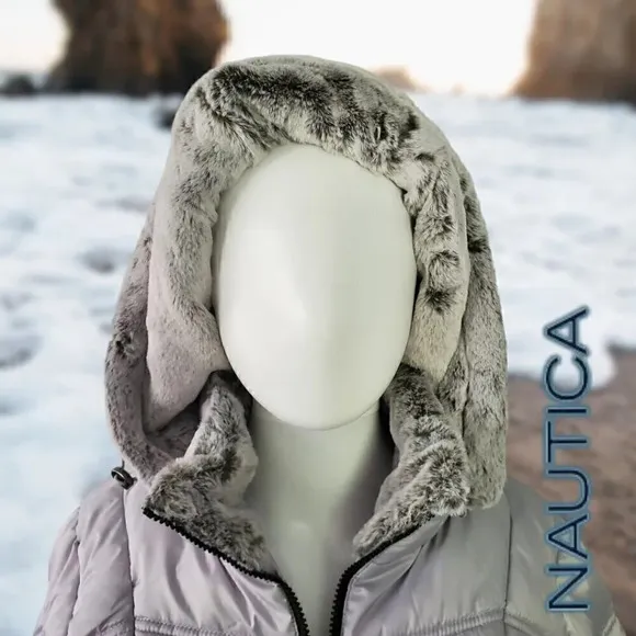 Nautica | Women's Hooded  Puffer Jacket Detachable Fx Fur Hood | Silver NWT