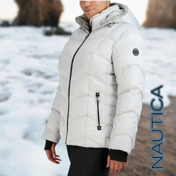 Nautica | Women's Hooded  Puffer Jacket Detachable Fx Fur Hood | Silver NWT
