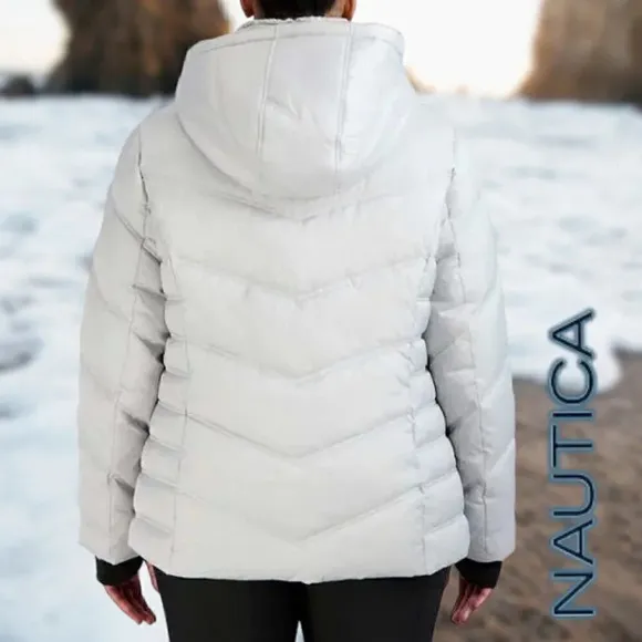 Nautica | Women's Hooded  Puffer Jacket Detachable Fx Fur Hood | Silver NWT