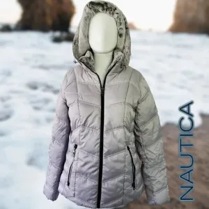 Nautica | Women's Hooded  Puffer Jacket Detachable Fx Fur Hood | Silver NWT