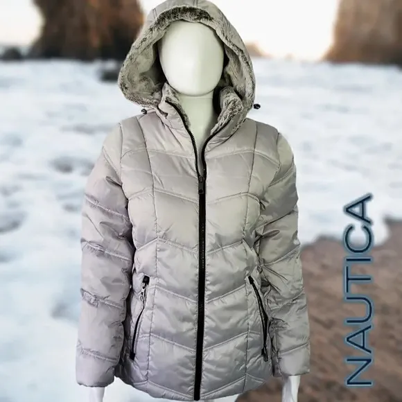 Nautica | Women's Hooded  Puffer Jacket Detachable Fx Fur Hood | Silver NWT