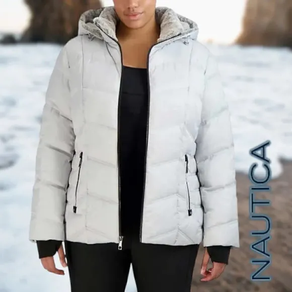 Nautica | Women's Hooded  Puffer Jacket Detachable Fx Fur Hood | Silver NWT