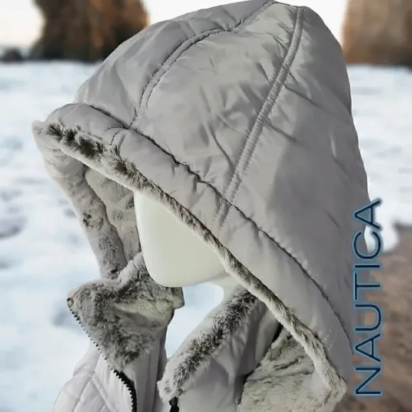 Nautica | Women's Hooded  Puffer Jacket Detachable Fx Fur Hood | Silver NWT