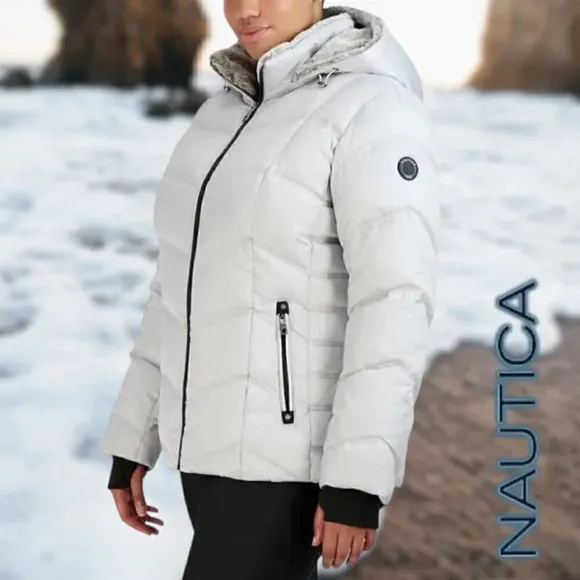 Nautica | Women's Hooded  Puffer Jacket Detachable Fx Fur Hood | Silver NWT