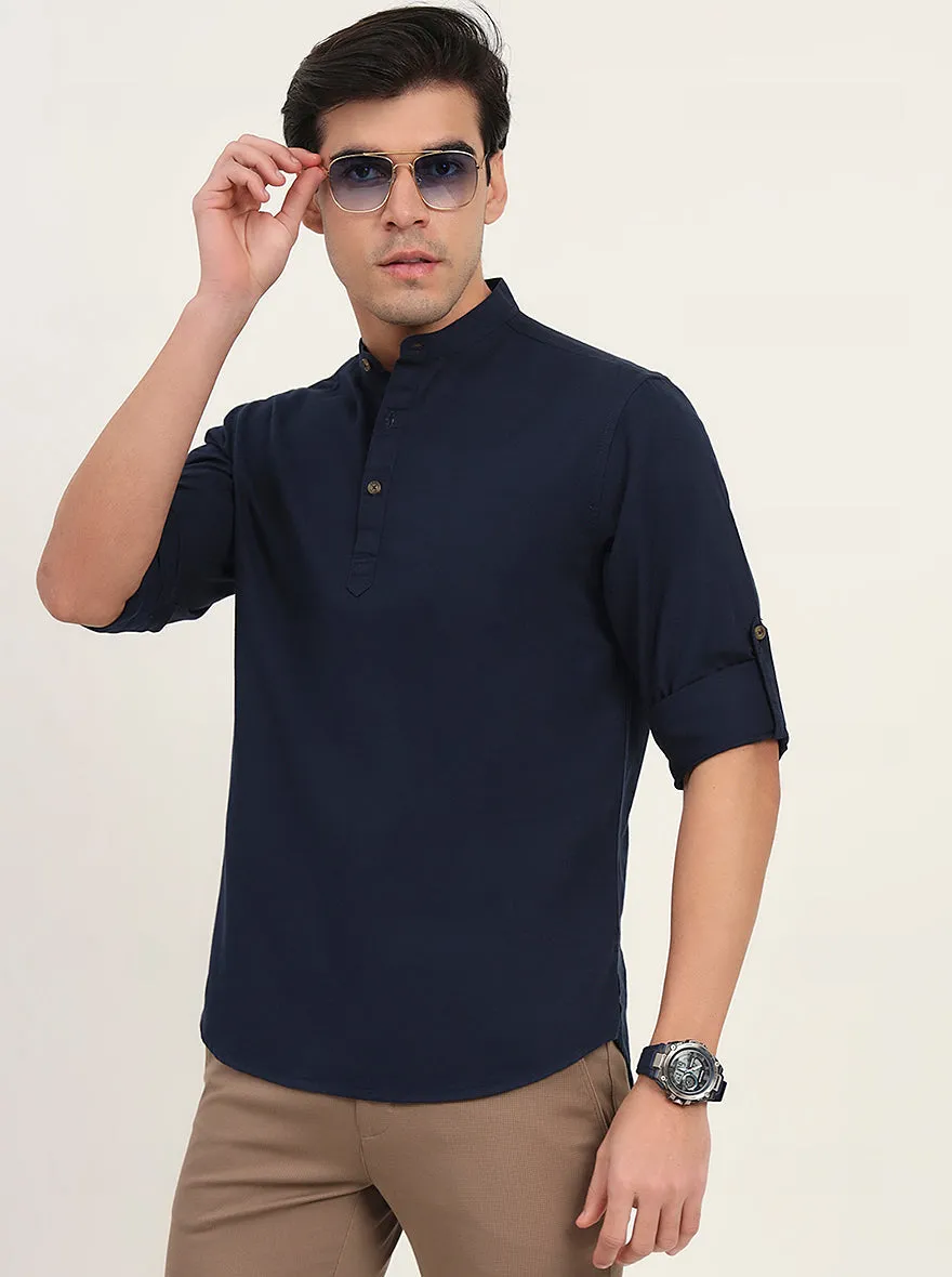 Navy Blue Solid Slim Fit Short Kurta | Greenfibre