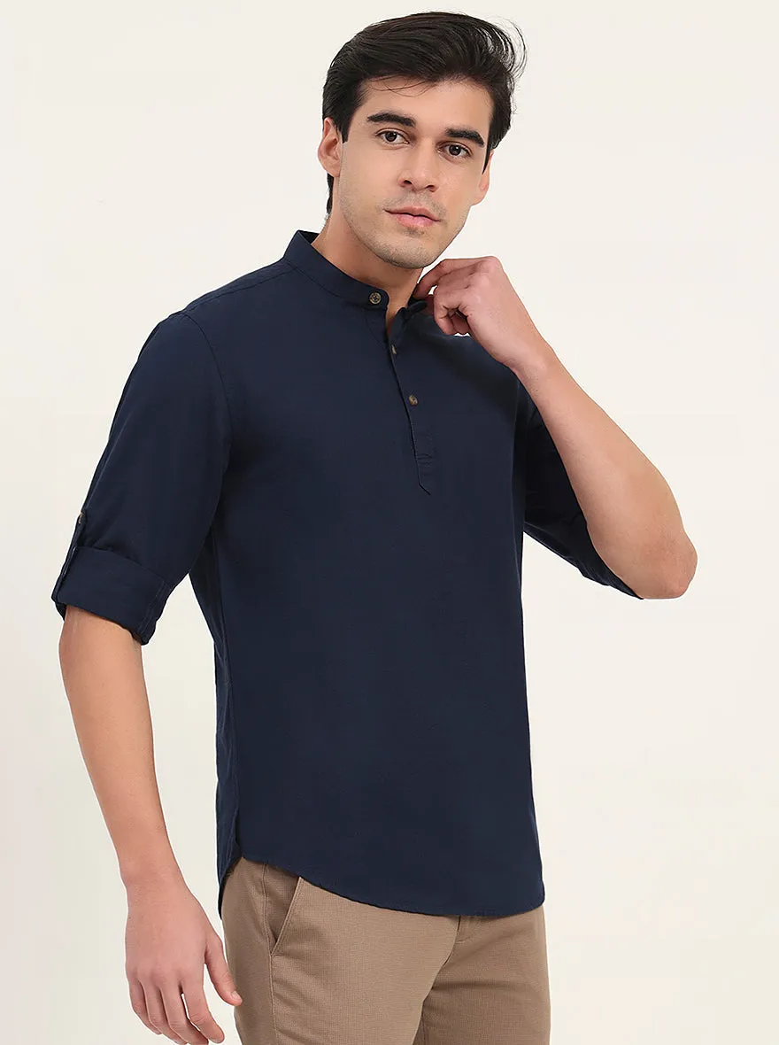 Navy Blue Solid Slim Fit Short Kurta | Greenfibre