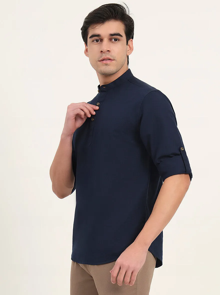 Navy Blue Solid Slim Fit Short Kurta | Greenfibre