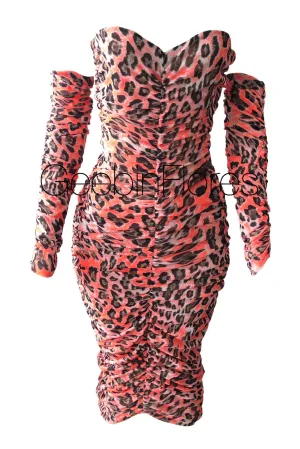 Neon Leopard Ruched Mesh Dress