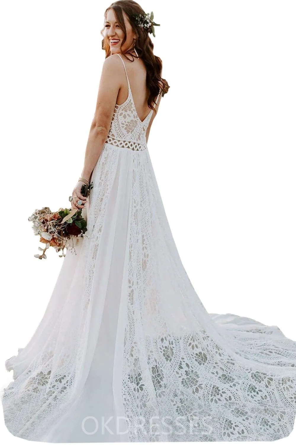 New Arrival Bohemian Spaghetti Straps Beach Wedding Dress With Adjustable Drawstring B0010