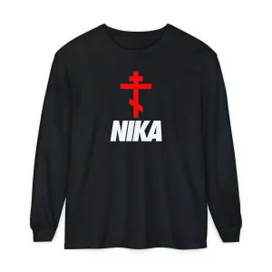 NIKA Red Orthodox Cross | NIKE Logo Mashup | Minimalist Corporate Sports Logo Aesthetic | Orthodox Christian Cotton Long Sleeve Shirt
