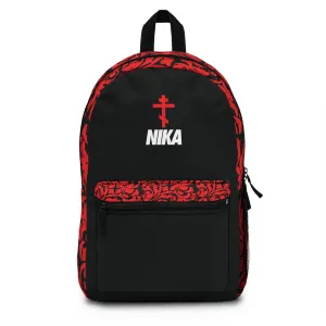 NIKA Red Orthodox Cross White Text Black Background | NIKE Logo Mashup | Minimalist Corporate Sports Logo Aesthetic | Orthodox Christian Backpack