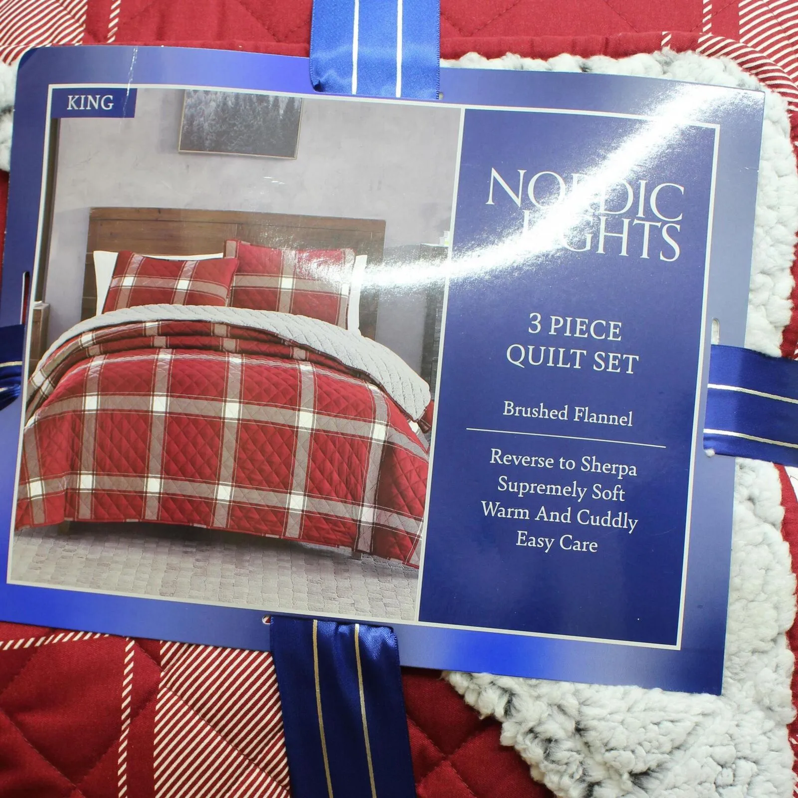 Nordic Lights Plaid Sherpa Reversible Quilt 3-Piece Set Red Plaid King