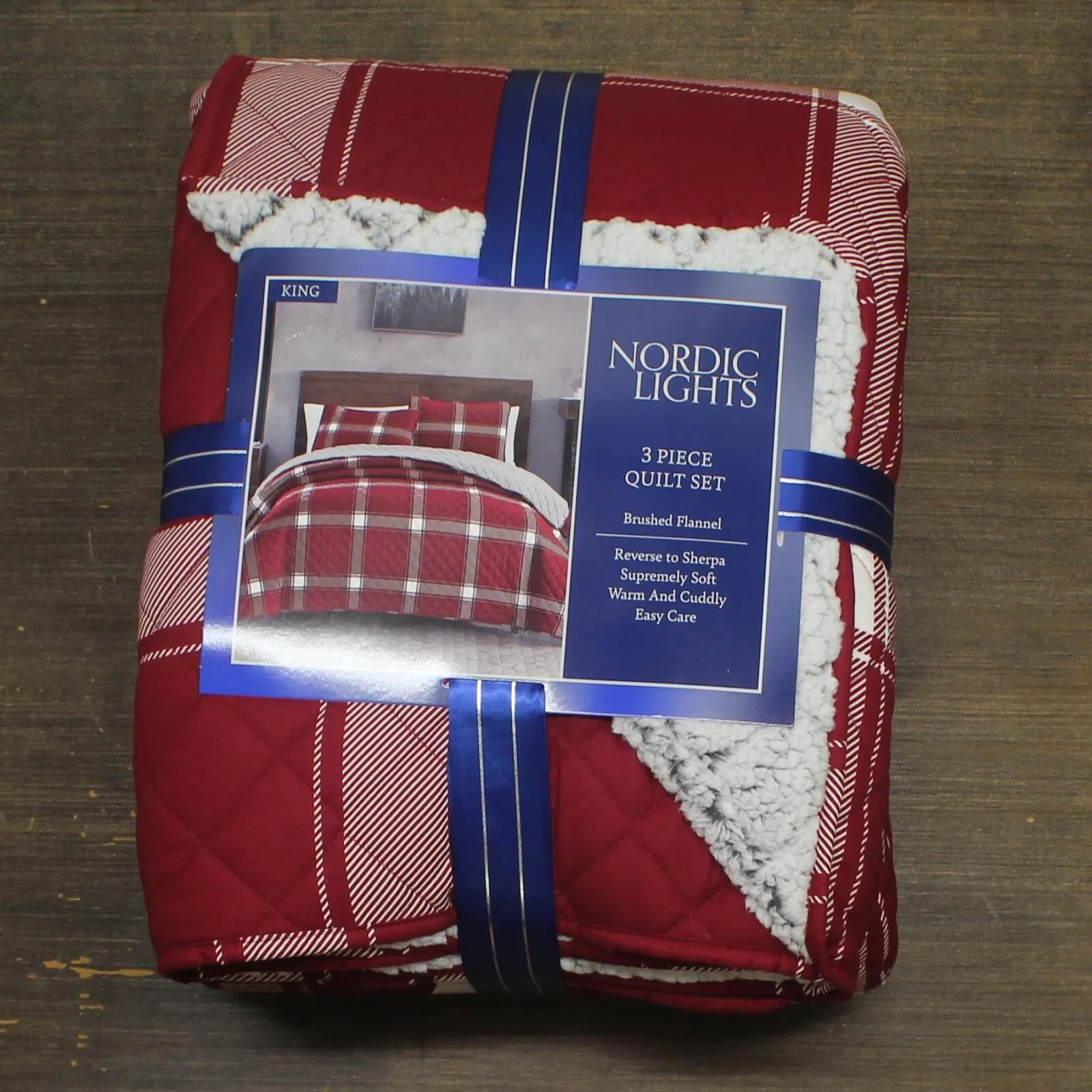 Nordic Lights Plaid Sherpa Reversible Quilt 3-Piece Set Red Plaid King