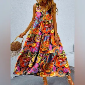 NWT-Floral Tiered Printed V-Neck Sleeveless