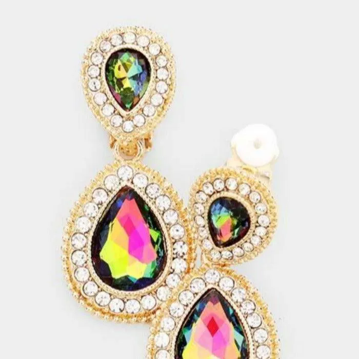 Oil Spill Glass Crystal Pave Trim Teardrop Clip on Earrings