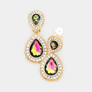 Oil Spill Glass Crystal Pave Trim Teardrop Clip on Earrings