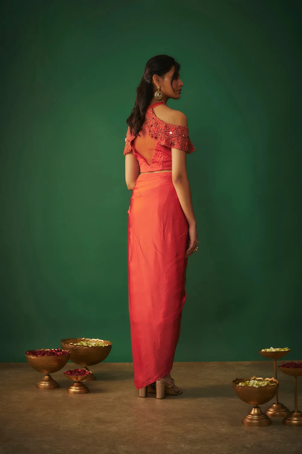 Orange Embroidered Top And Draped Skirt Set