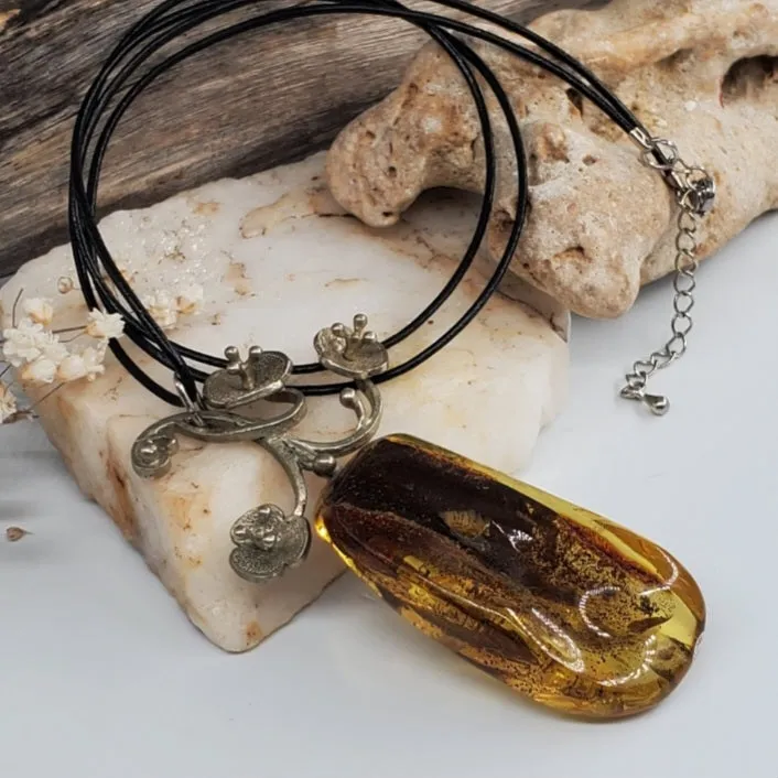 Ordinary Magic / Designer Jewelry Raw Amber Stone Pendant Hypoallergenic Leather Necklace with Natural Amber Gift for Momen