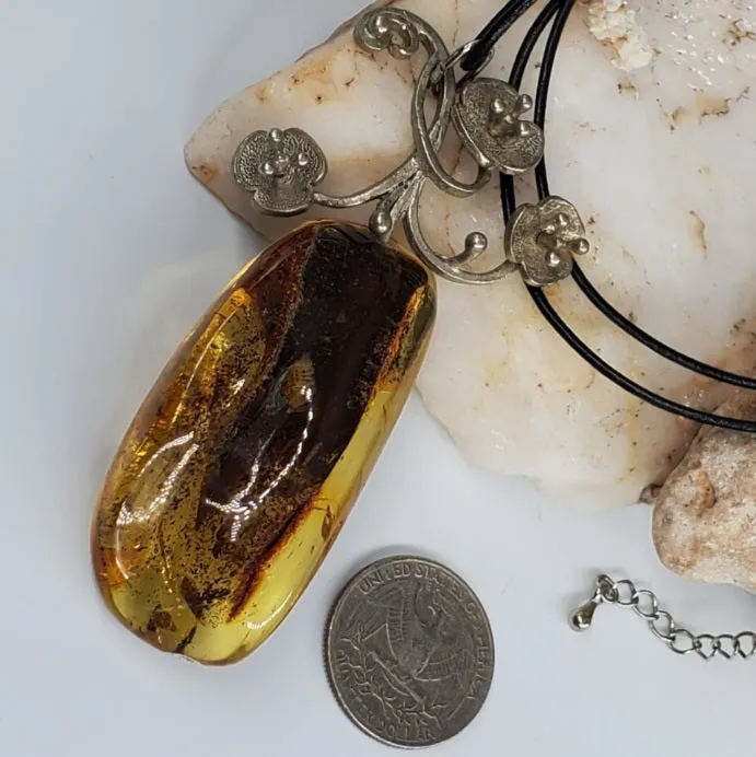 Ordinary Magic / Designer Jewelry Raw Amber Stone Pendant Hypoallergenic Leather Necklace with Natural Amber Gift for Momen