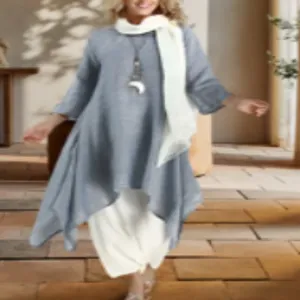 Outfree blue linen sharkbite hem midi tunic dress Size Small New