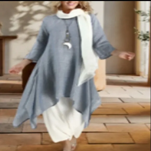 Outfree blue linen sharkbite hem midi tunic dress Size Small New