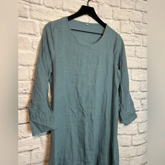 Outfree blue linen sharkbite hem midi tunic dress Size Small New