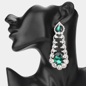 Oversized Emerald Oval and Teardrop Stone with Accented Rhinestone Trim | Evening Earrings | 650343