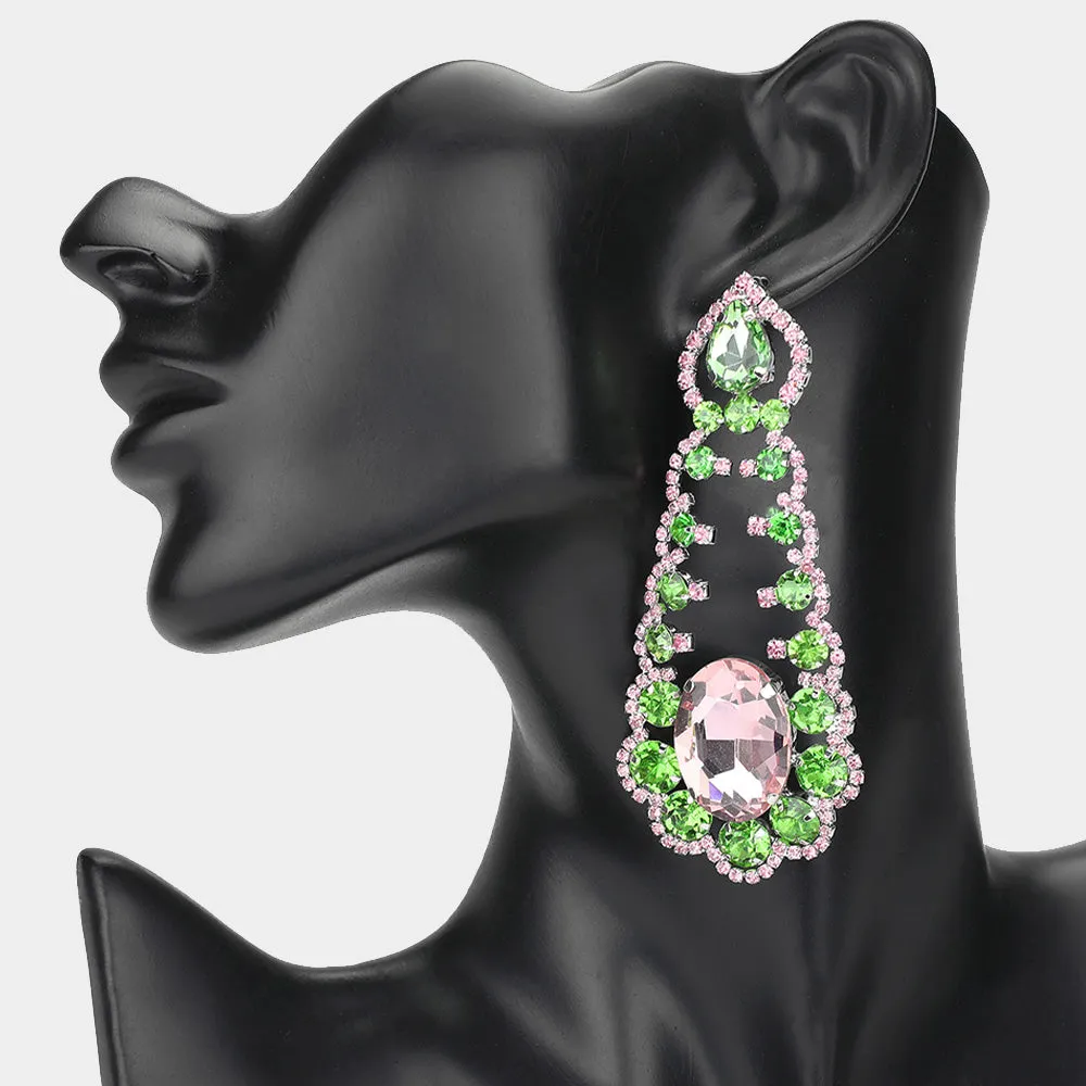 Oversized Pink & Green Oval and Teardrop Stone with Accented Rhinestone Trim | Evening Earrings |  650348