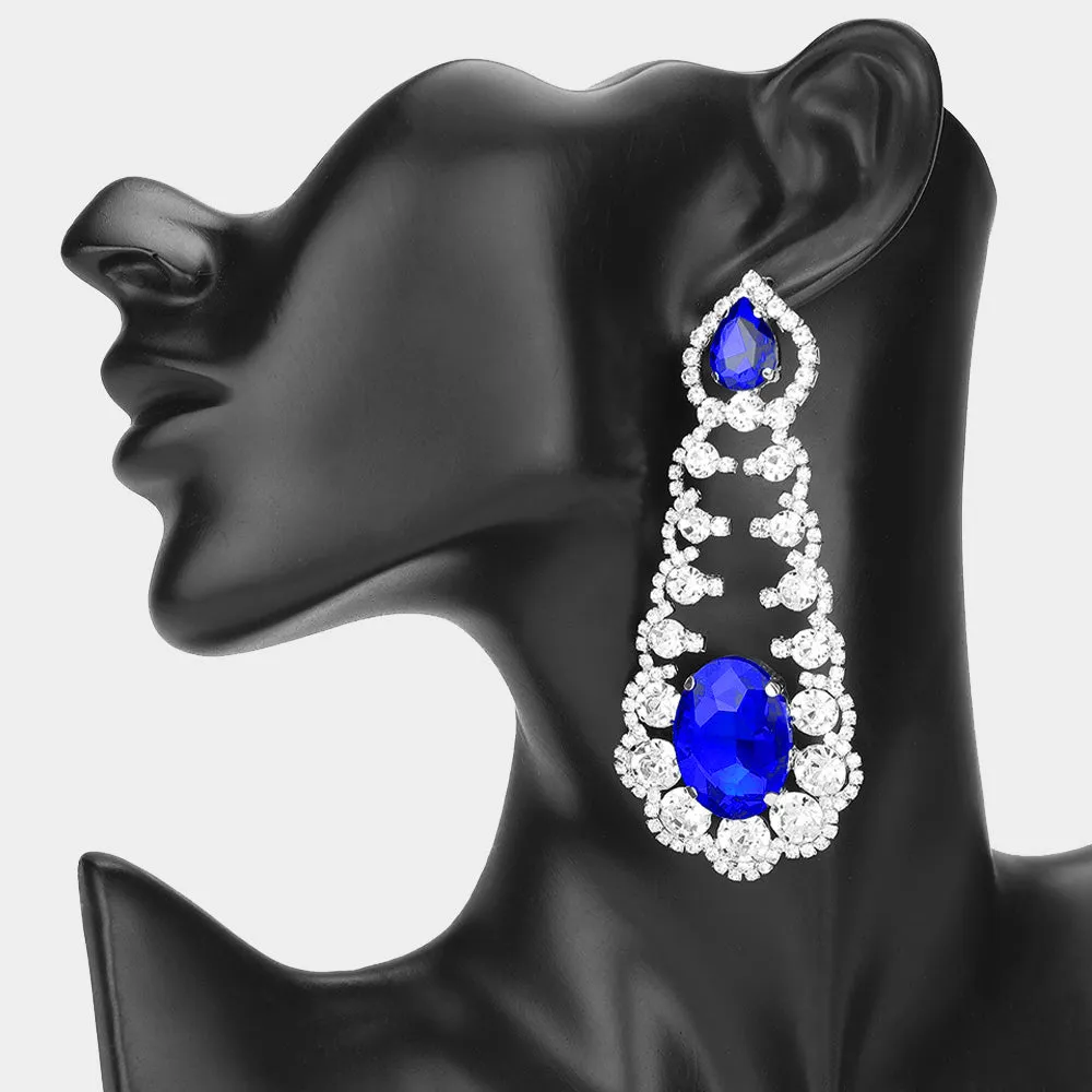 Oversized Royal Blue Oval and Teardrop Stone with Accented Rhinestone Trim | Evening Earrings |  650349