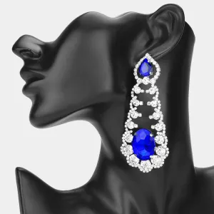 Oversized Royal Blue Oval and Teardrop Stone with Accented Rhinestone Trim | Evening Earrings |  650349