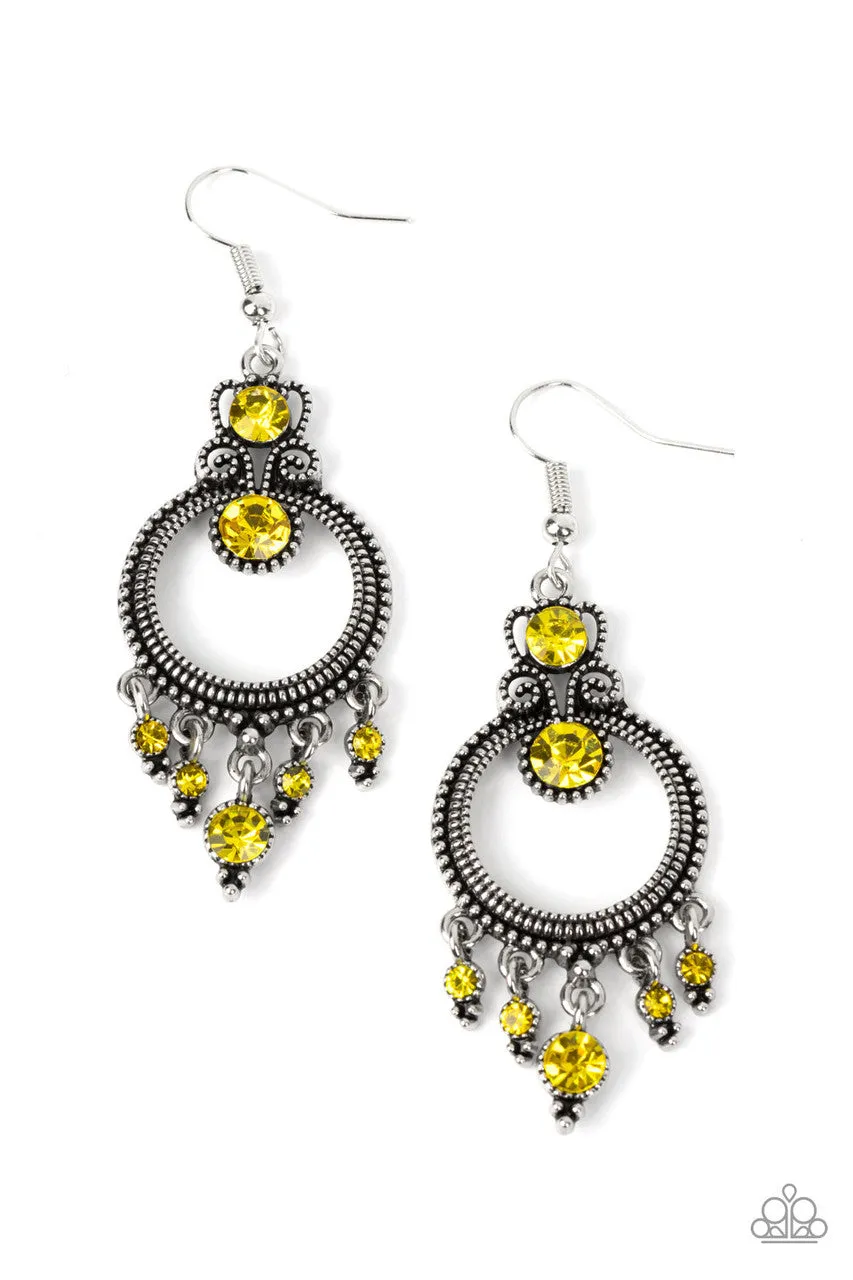 Palace Politics - Yellow - Rhinestone Filigree Paparazzi Fishhook Earrings
