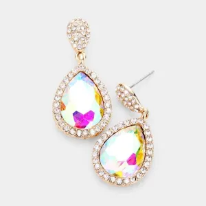 Pear Abalone Crystal Pave Trim Evening Earrings