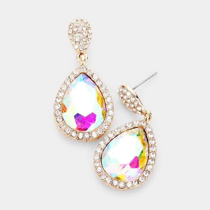 Pear Abalone Crystal Pave Trim Evening Earrings
