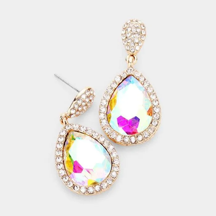 Pear Abalone Crystal Pave Trim Evening Earrings