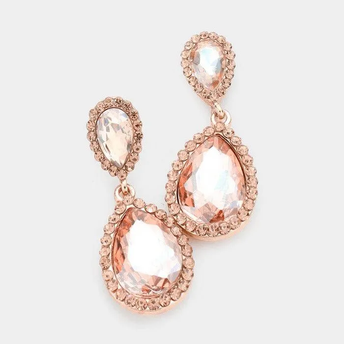 Pear Peach Crystal Pave Trim Earrings