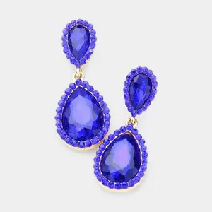 Pear Sapphire Blue Crystal Pave Trim Earrings