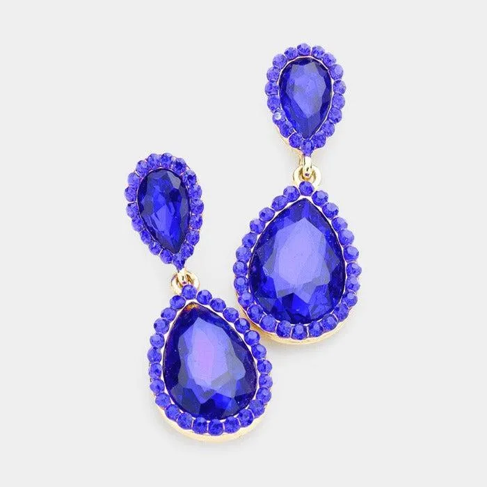 Pear Sapphire Blue Crystal Pave Trim Earrings