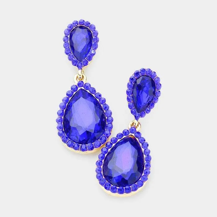Pear Sapphire Blue Crystal Pave Trim Earrings