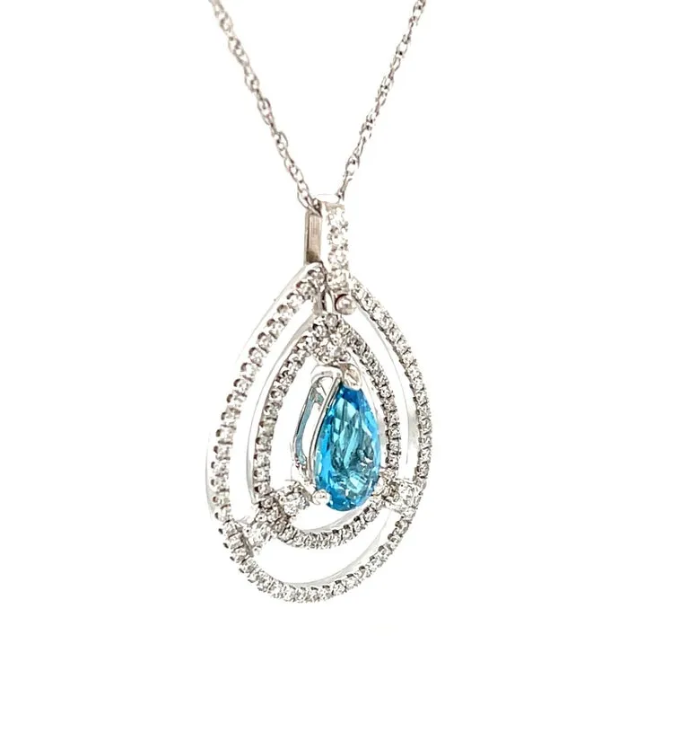 Pear Shaped Blue Topaz and Diamond Necklace in 18k White Gold