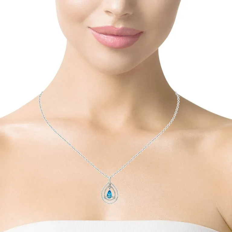 Pear Shaped Blue Topaz and Diamond Necklace in 18k White Gold