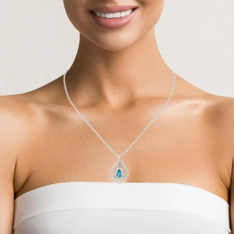 Pear Shaped Blue Topaz and Diamond Necklace in 18k White Gold