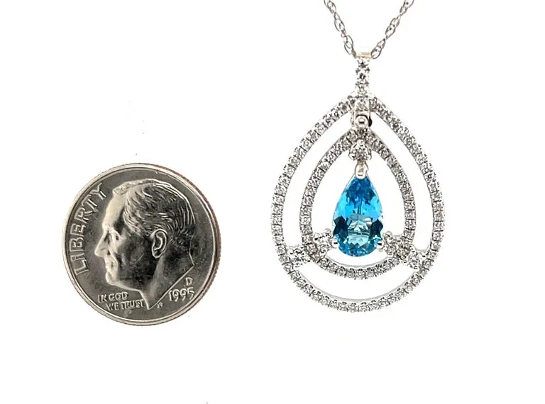 Pear Shaped Blue Topaz and Diamond Necklace in 18k White Gold