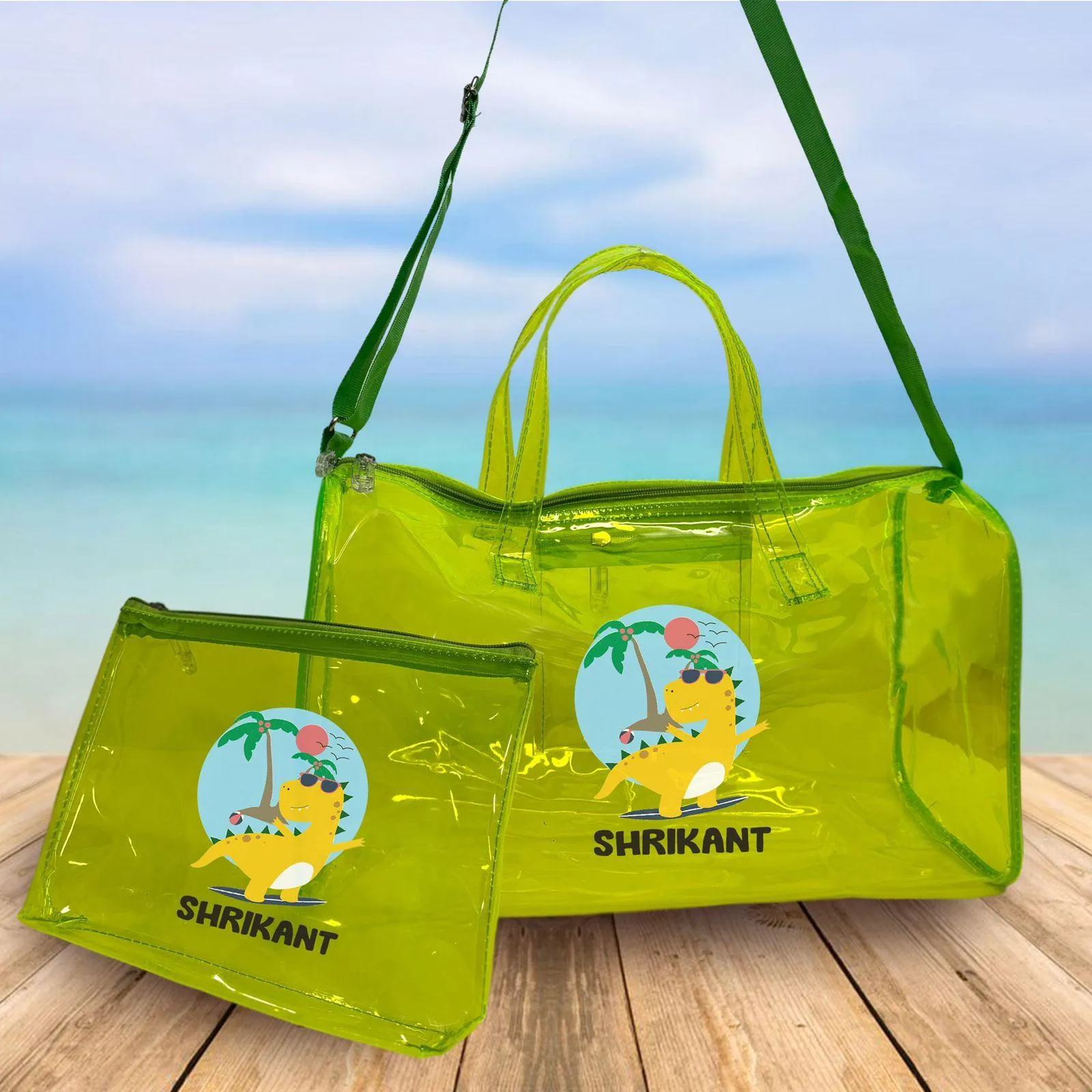 Personalised Kids Jelly Duffle Bags with Pouch Combo - Green