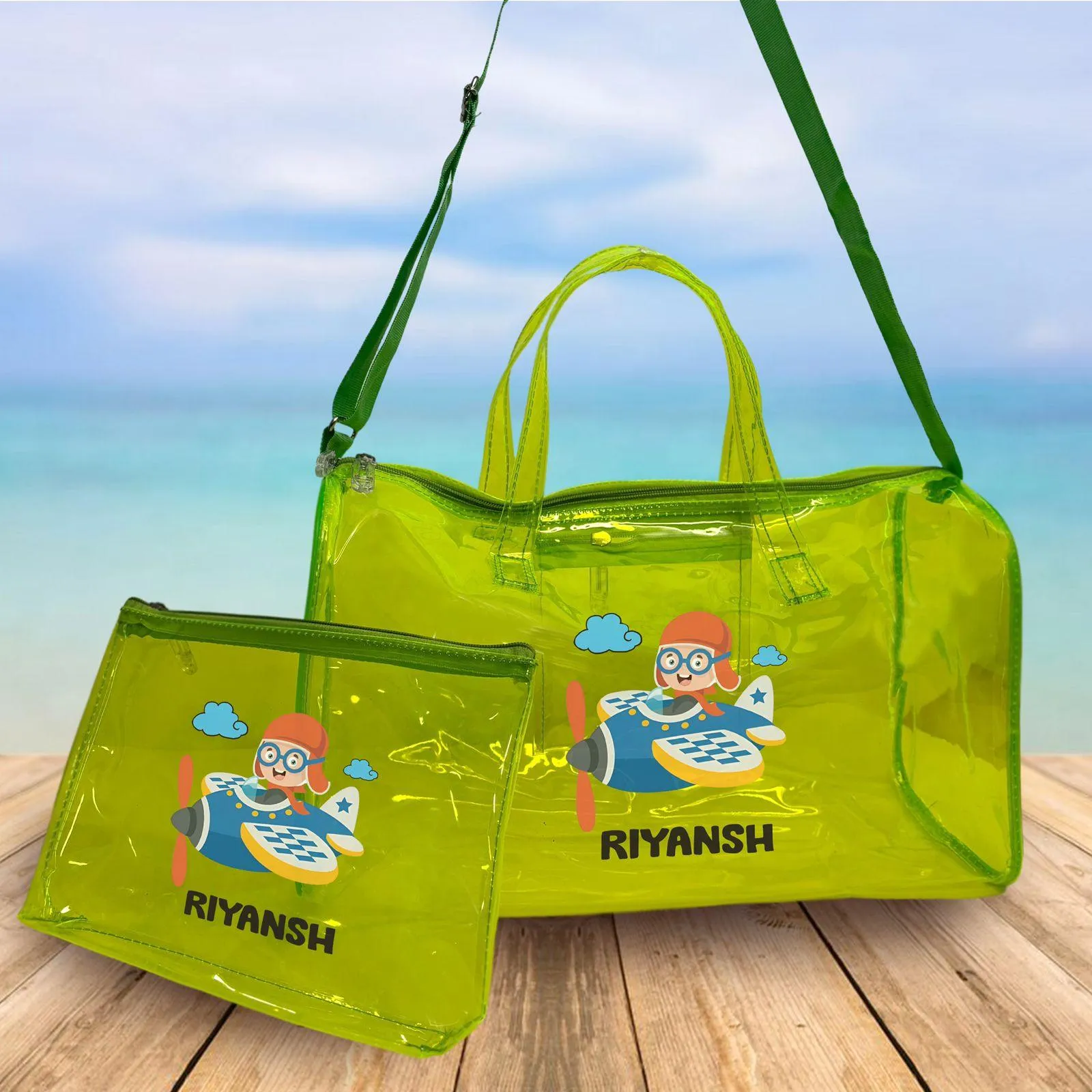 Personalised Kids Jelly Duffle Bags with Pouch Combo - Green