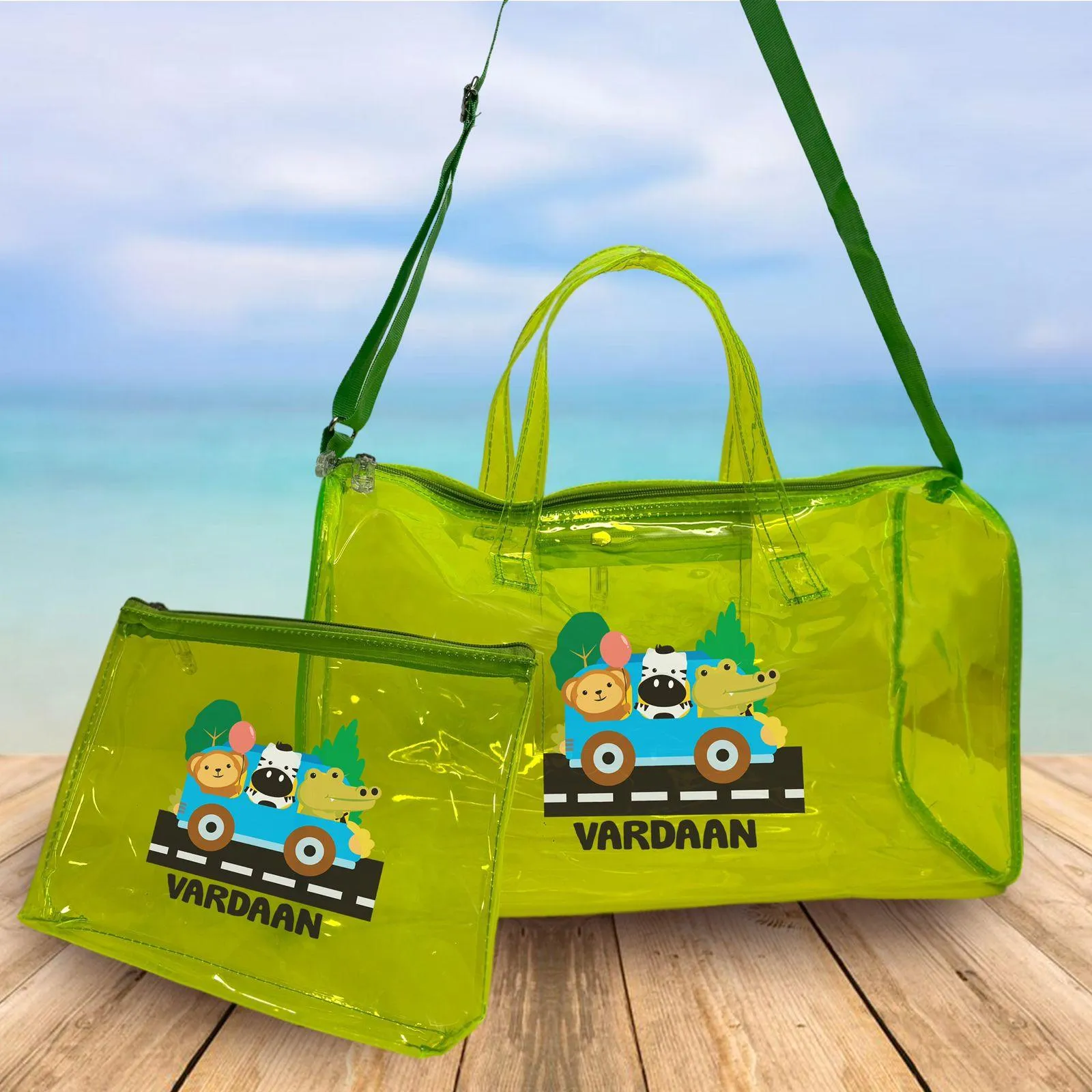 Personalised Kids Jelly Duffle Bags with Pouch Combo - Green
