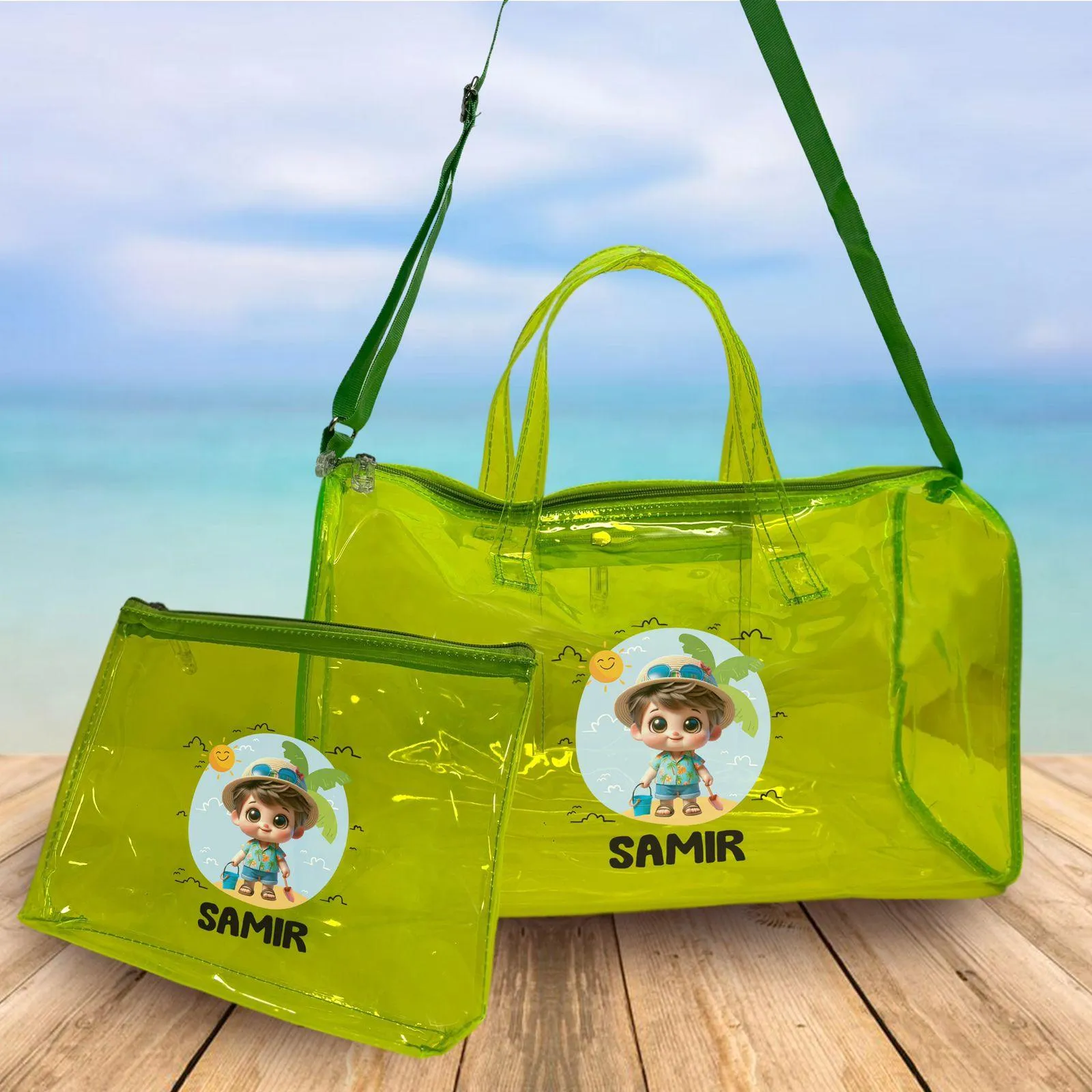 Personalised Kids Jelly Duffle Bags with Pouch Combo - Green